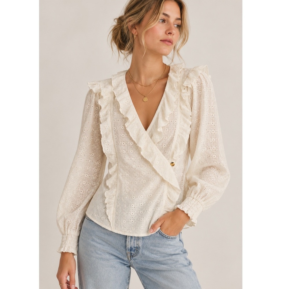Maeve Laila Ruffled Blouse Womens 10 Ivory Eyelet Embroidered Wrap Coquette Boho